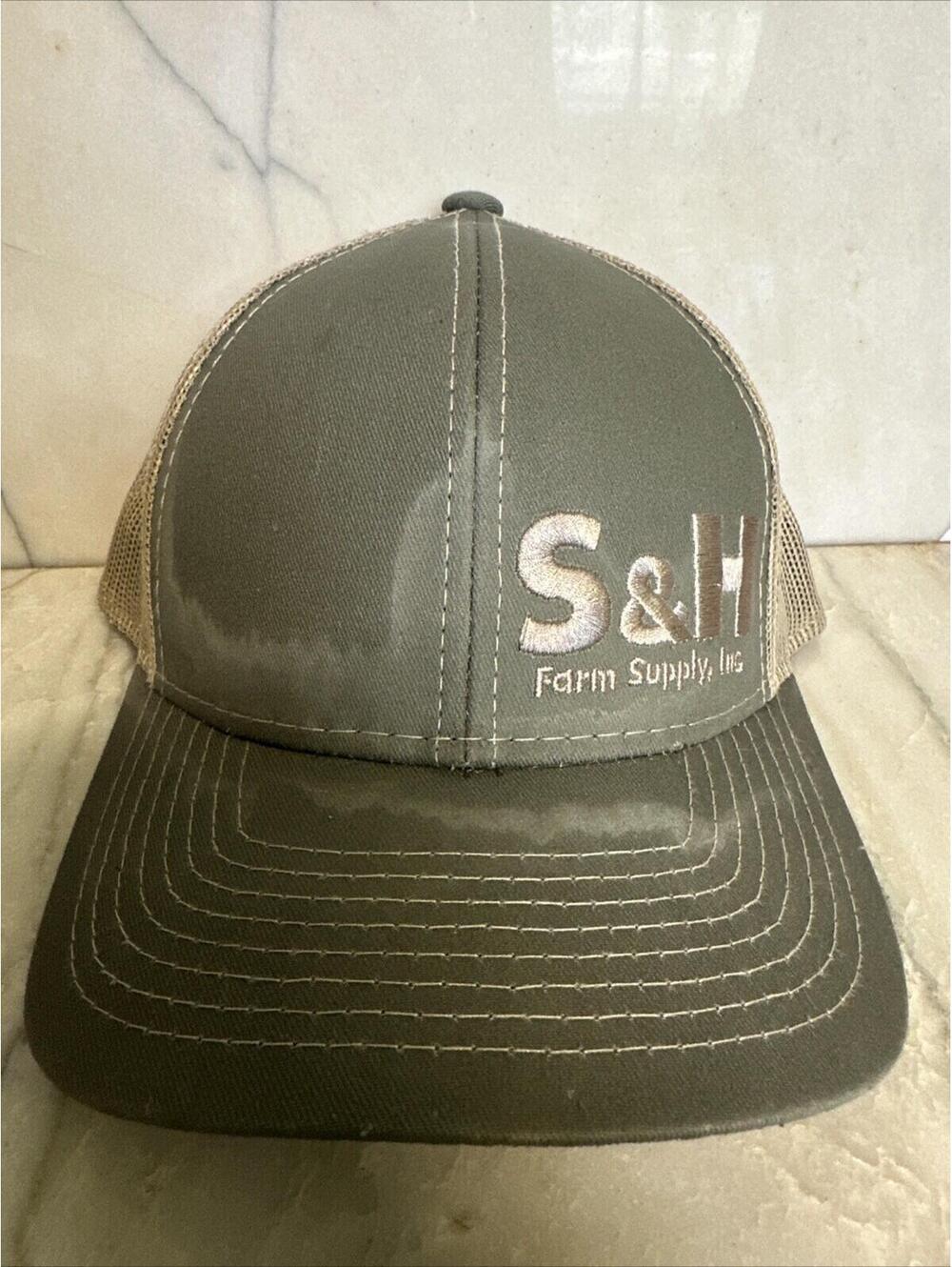 S&H Farm Supply, Inc Trucker Hat Gray & Beige W/ Good Sweat Marks